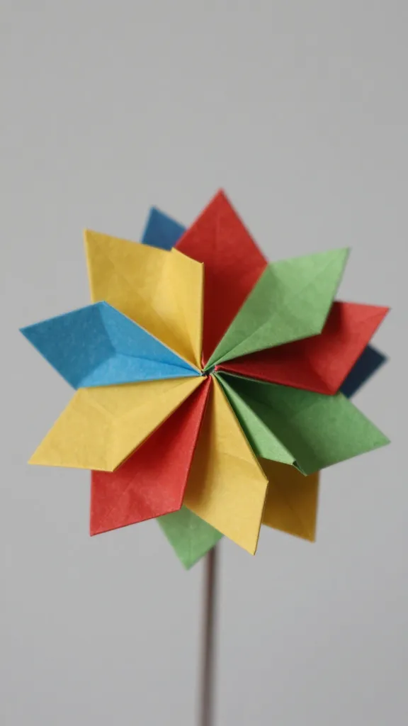 Macro shot of a single colorful origami-inspired paper bloom
