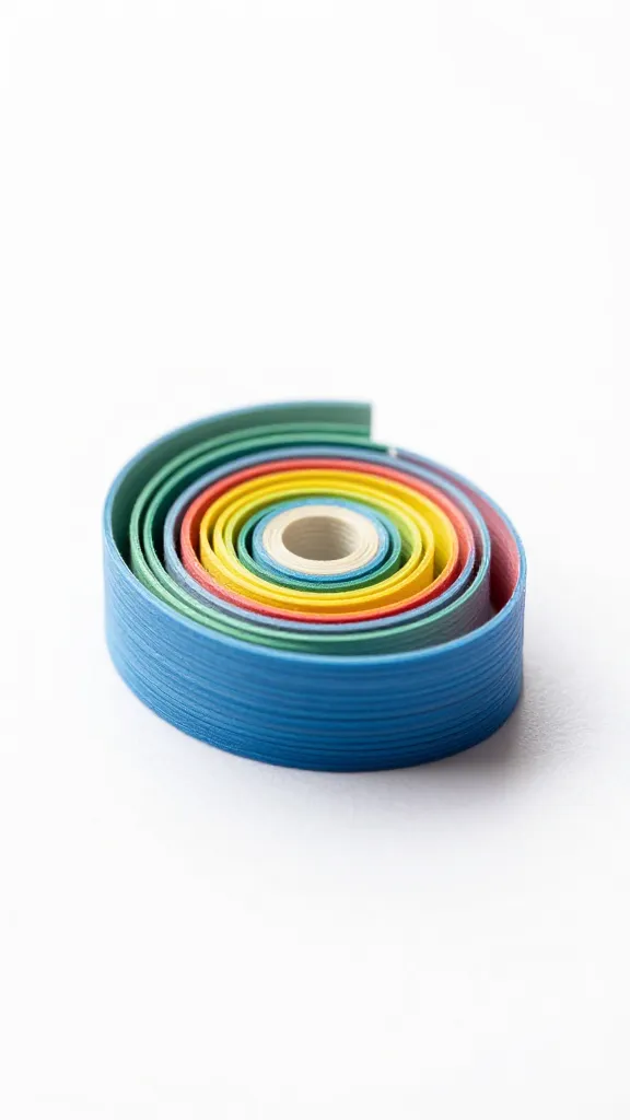 closeup of a single colorful quilling strip curl on white background