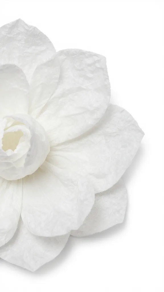 Closeup of a single tissue-paper bloom against white backdrop