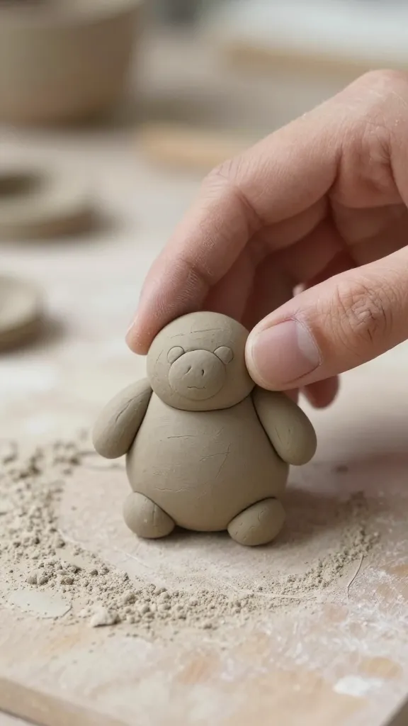 closeup of air-dry clay model hand on workspace with drying dust