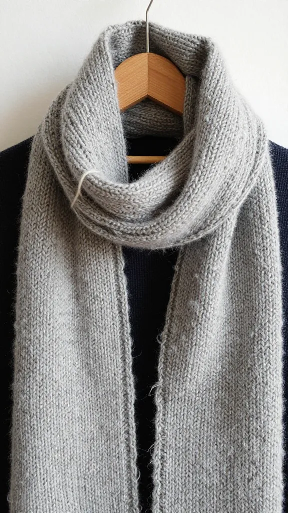 Closeup of a single chunky knit scarf in progress on wooden needles