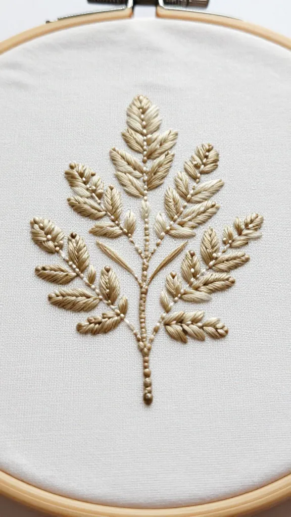 Closeup of an embroidery hoop with a single detailed stitch pattern