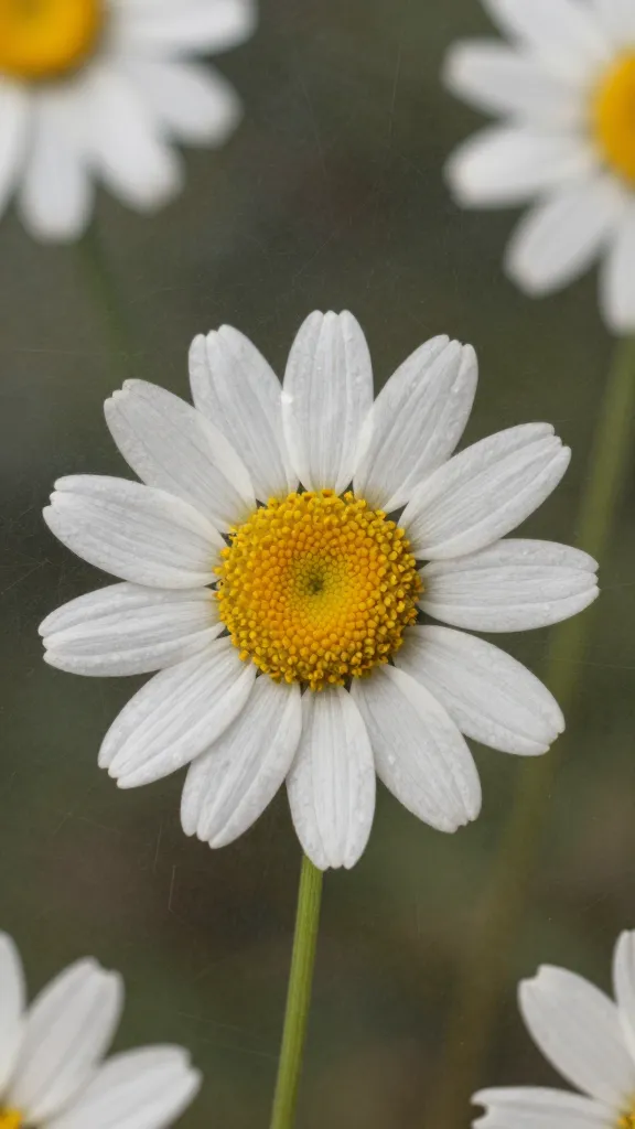 closeup of a pressed daisy bloom on glass, shallow depth of field