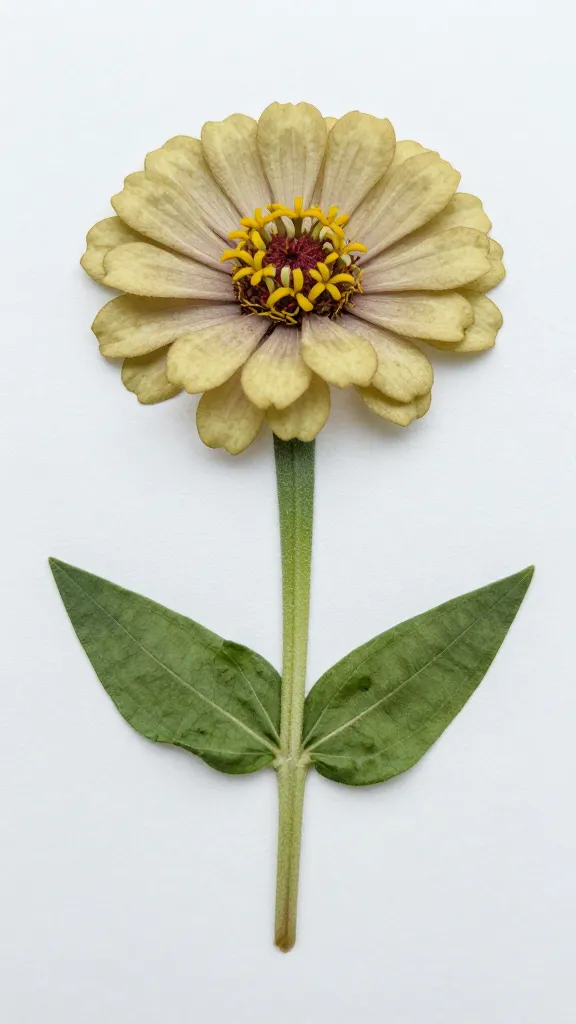 closeup of a pressed zinnia leafing flat on white paper