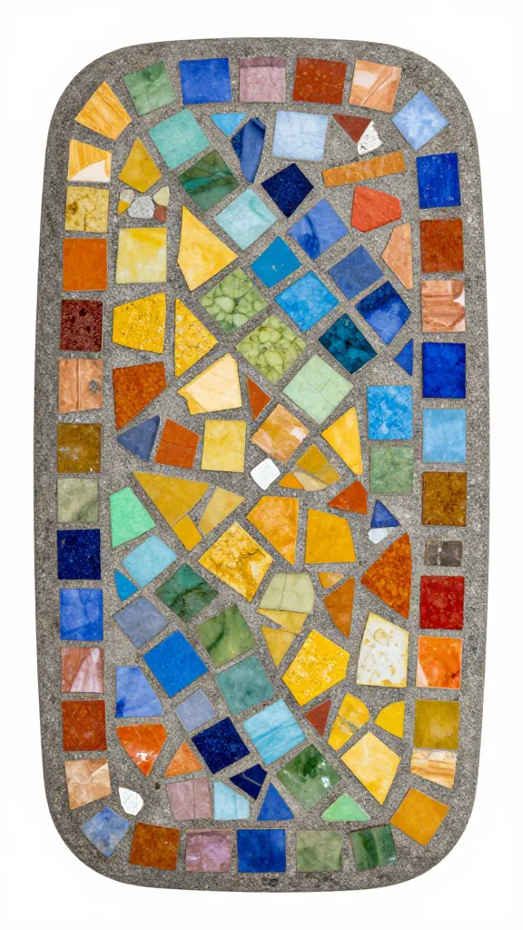 closeup of a single colorful mosaic stepping stone with grout texture
