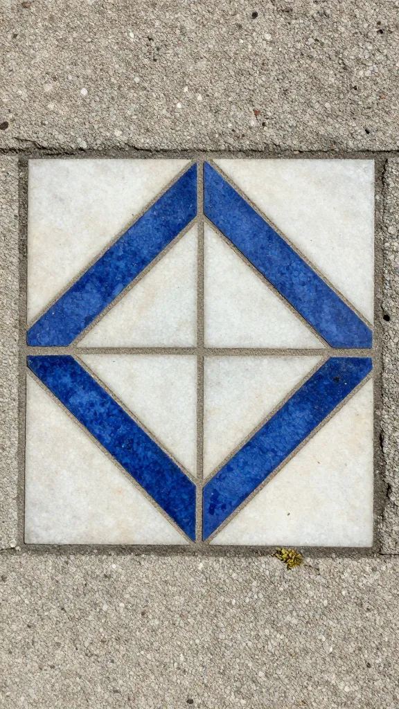 closeup of a single bold geometric mosaic tile on stone path