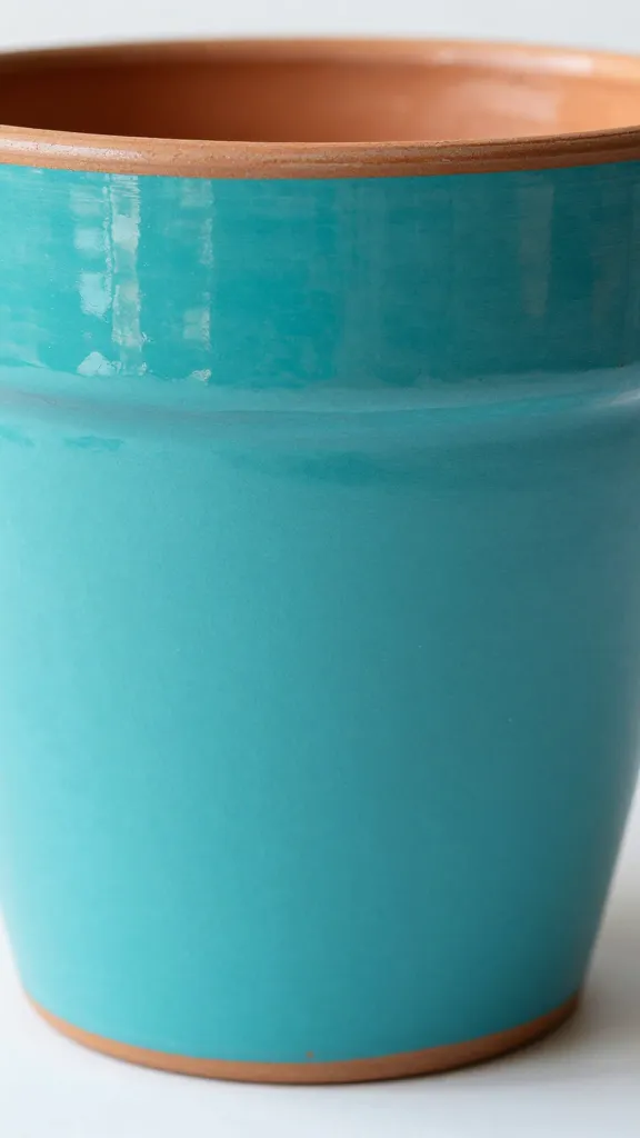 Closeup of a single terracotta pot with bold turquoise paint, glossy sealant shine