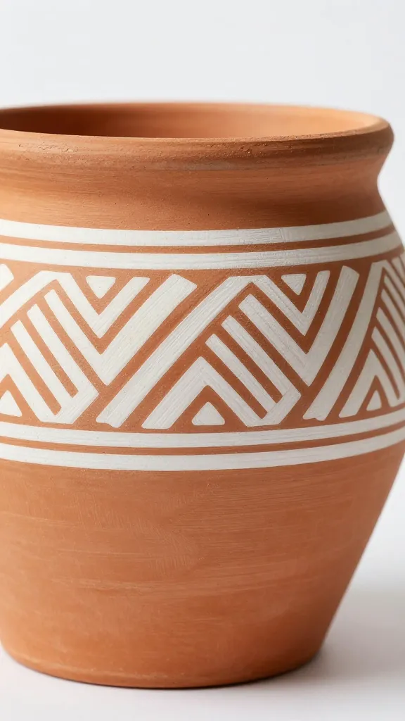 Closeup of a single terracotta pot adorned with white geometric pattern, matte finish