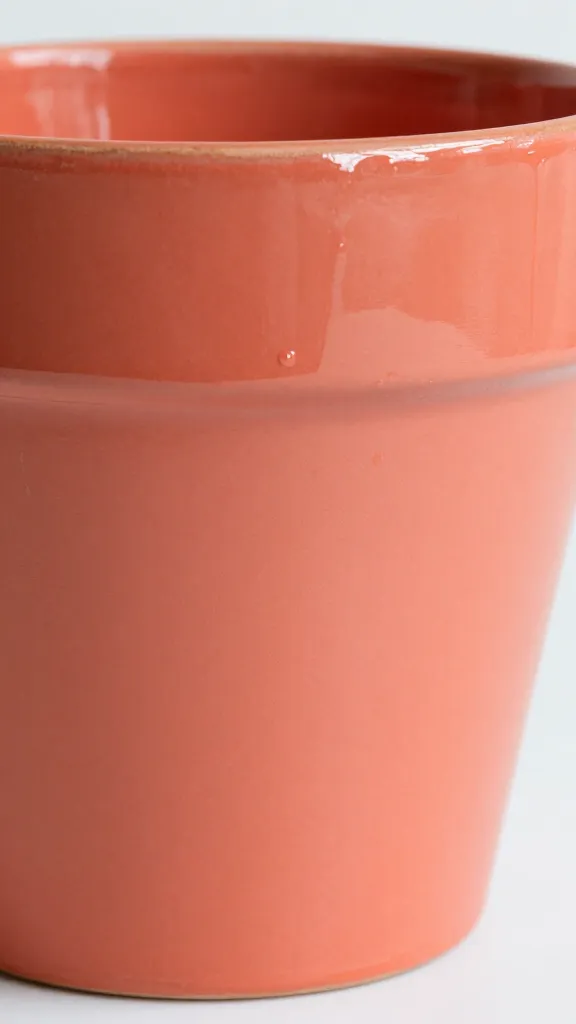 Closeup of a single terracotta pot with bright coral solid color, wet glaze sheen