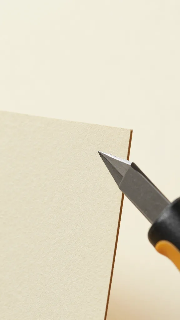 Macro shot of a single thick cardstock corner being scored with a craft knife