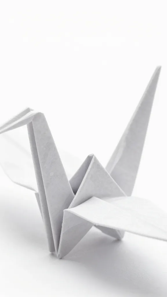 Closeup of folded origami crane crease detail on white background