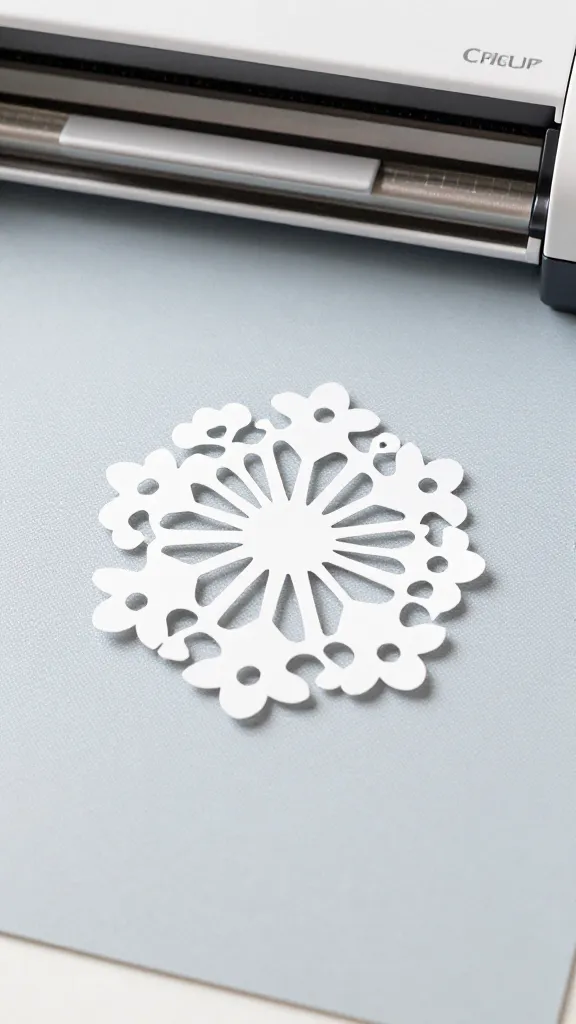 Closeup of a Cricut cutting mat with a single intricate paper ornament