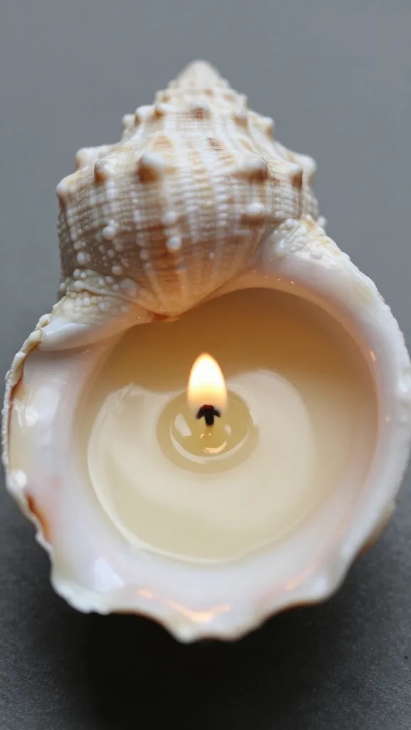 Macro shot of a lone seashell hosting candle wax pool