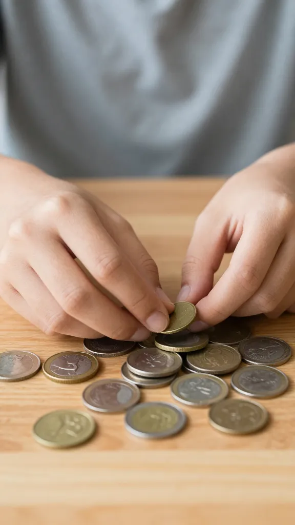 Closeup of a student’s hands counting coins on a wooden table