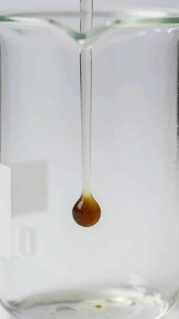 Closeup of a single beaker with hand-dopped dye drops in water