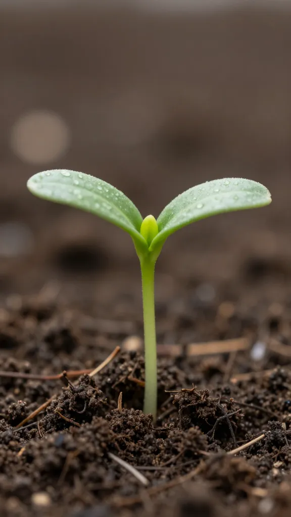 Macro shot of a single plant seedling emerging from soil