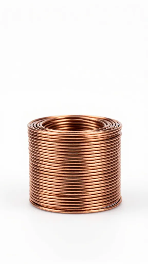 Focused image of a lone copper wire looping into a simple coil on white background