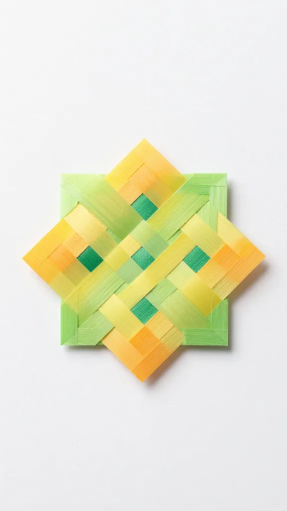 Closeup of a single finished DIY paper weaving craft on white background