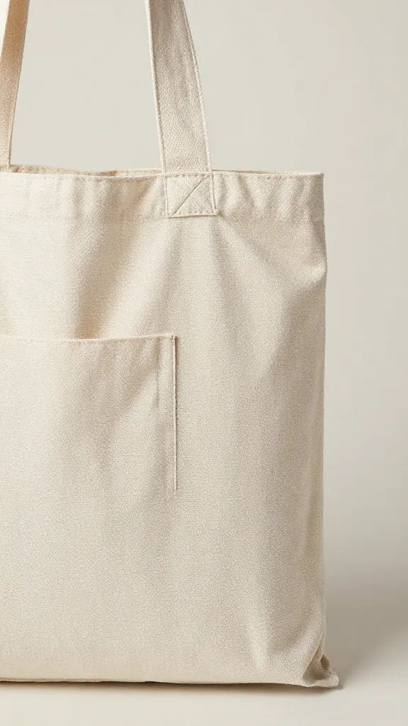Closeup of upcycled tote bag with visible handy pockets on a plain backdrop