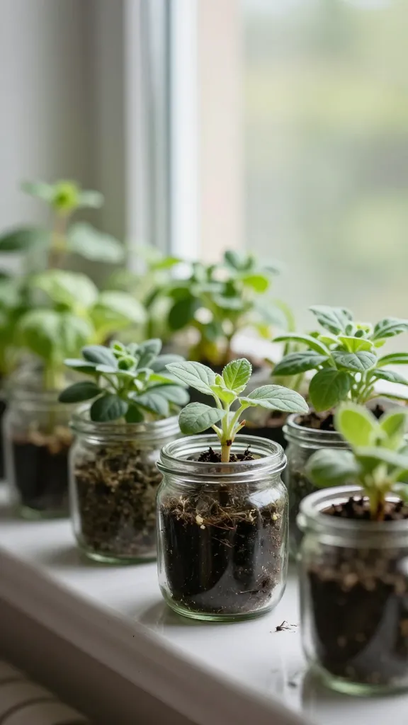 Closeup of mini herb garden jars on a windowsill ledge with natural light