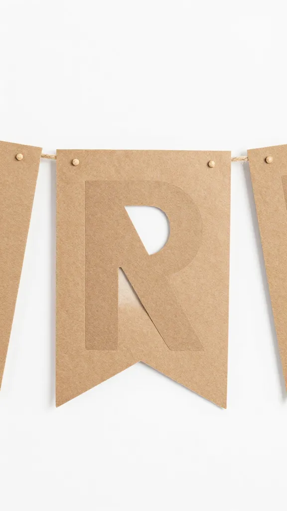 Closeup of kraft paper banner letters on twine
