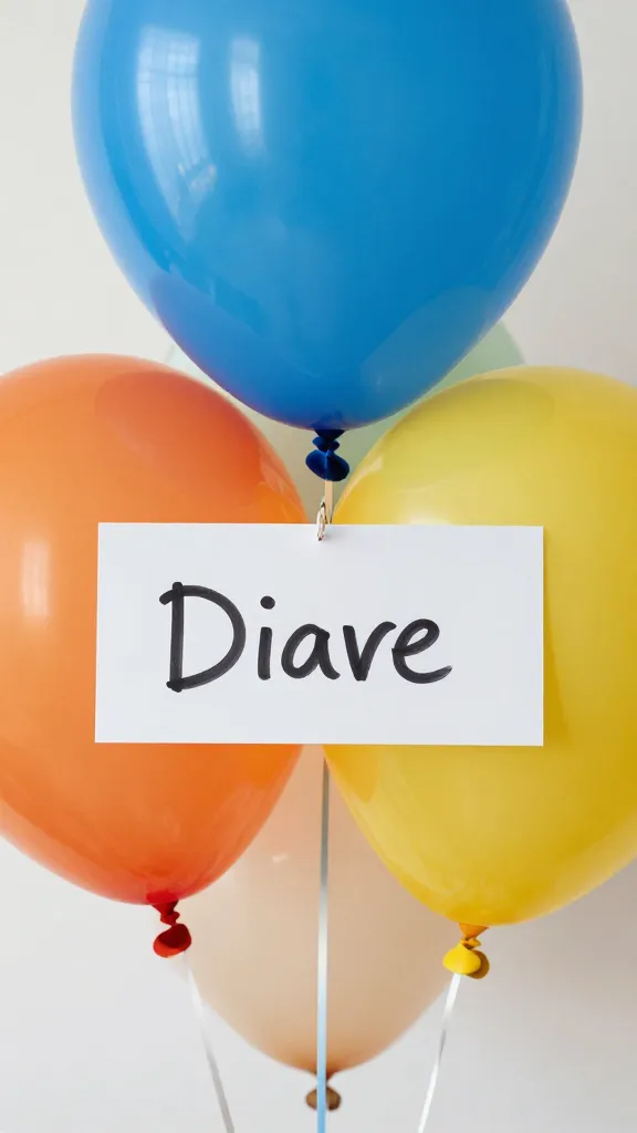 Closeup of colorful DIY balloon with handwritten name tag