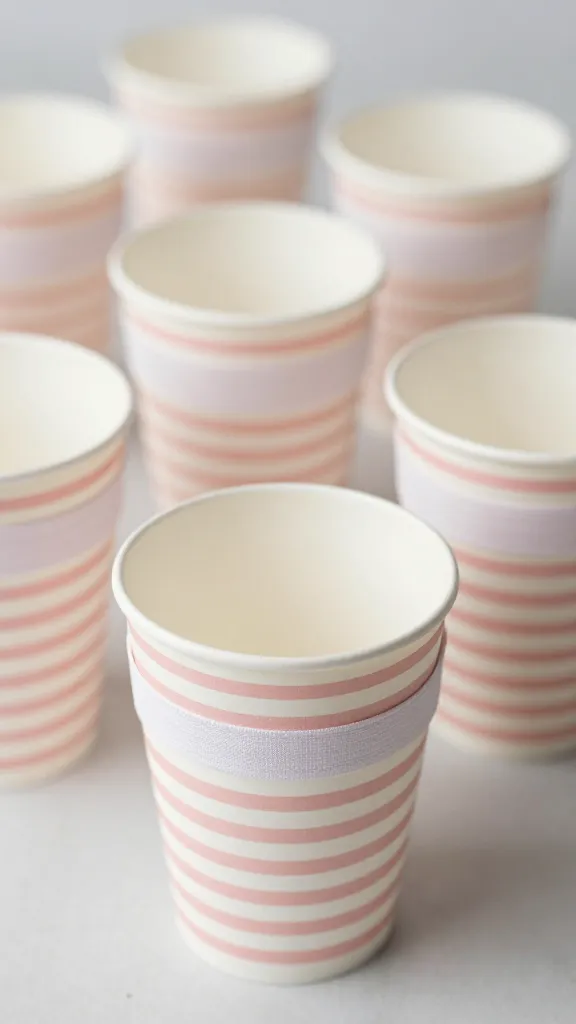 Closeup of striped ribbon-wrapped paper cups on table