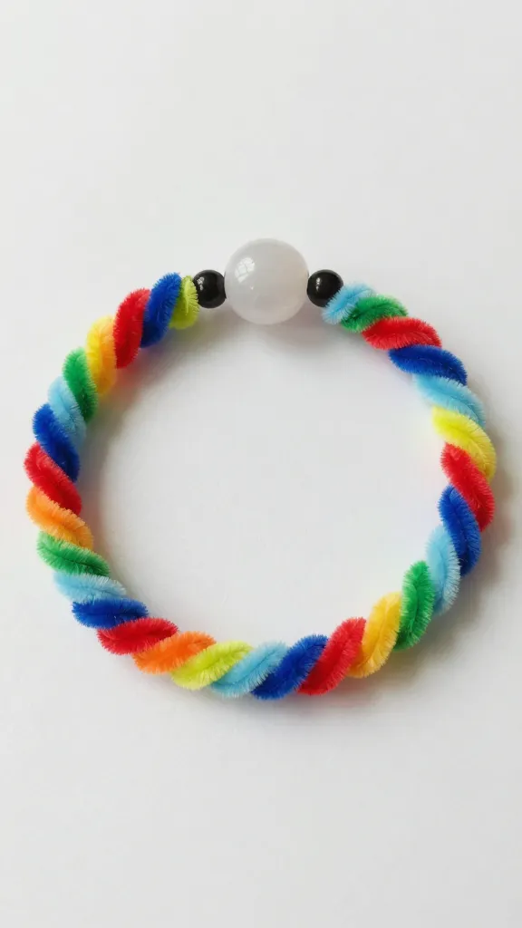Closeup of a single colorful pipe cleaner bracelet being twisted