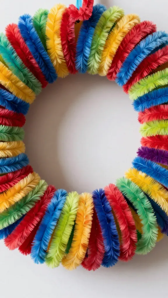 Closeup of a multicolored pipe cleaner wreath core twist detail