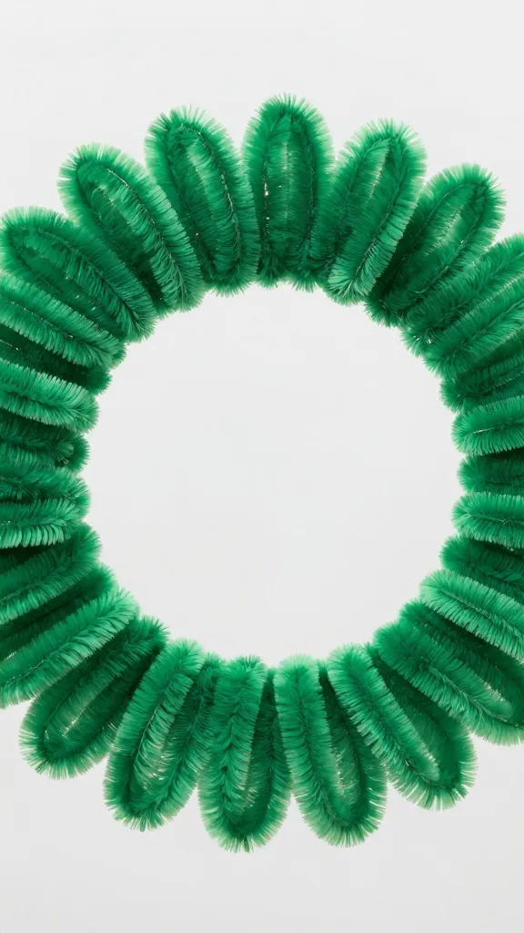 Closeup of sparkly green pipe cleaners shaped into wreath loop