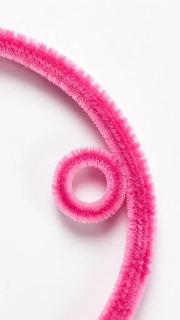 Closeup of a single bright pink pipe cleaner curl on wreath edge