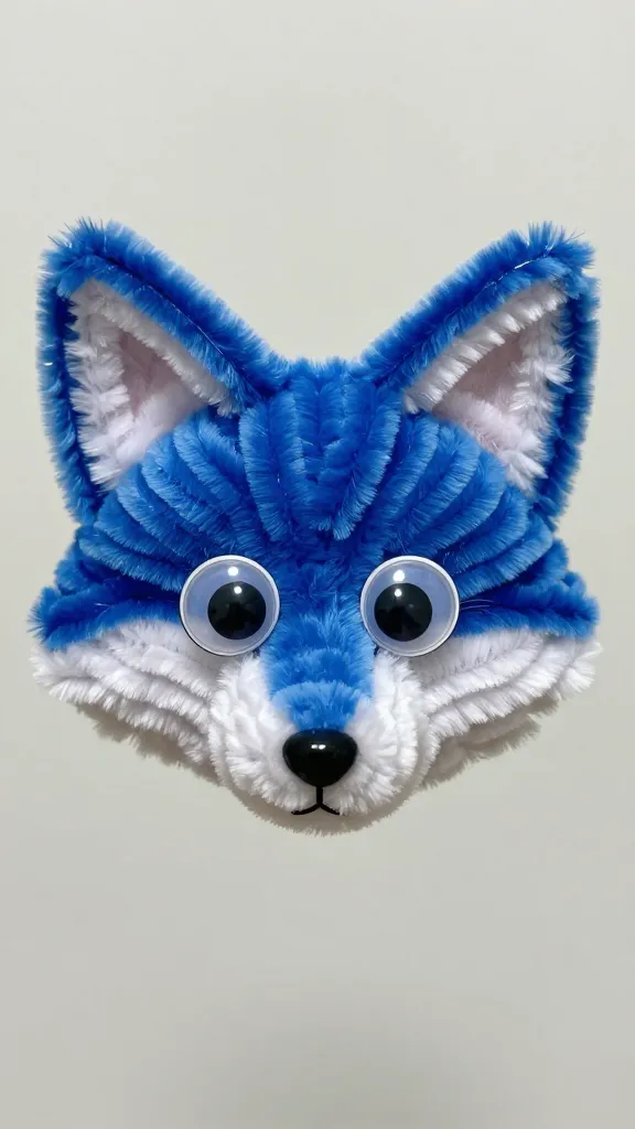 Close-up of a single blue pipe cleaner fox face with googly eyes