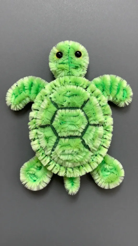 Close-up of a single green pipe cleaner turtle body with textured shell detail