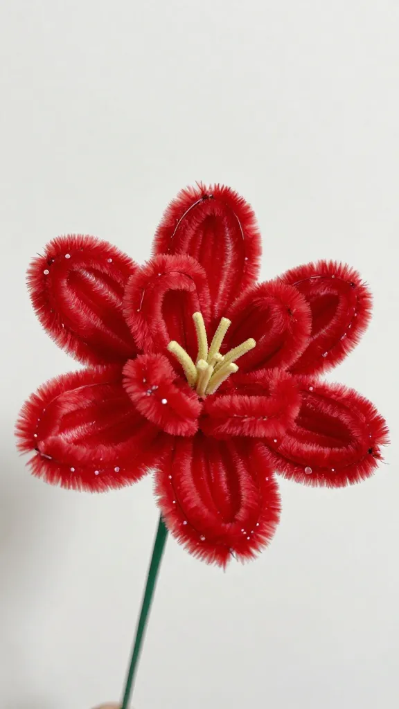 closeup of a single red pipe cleaner flower with curled petals