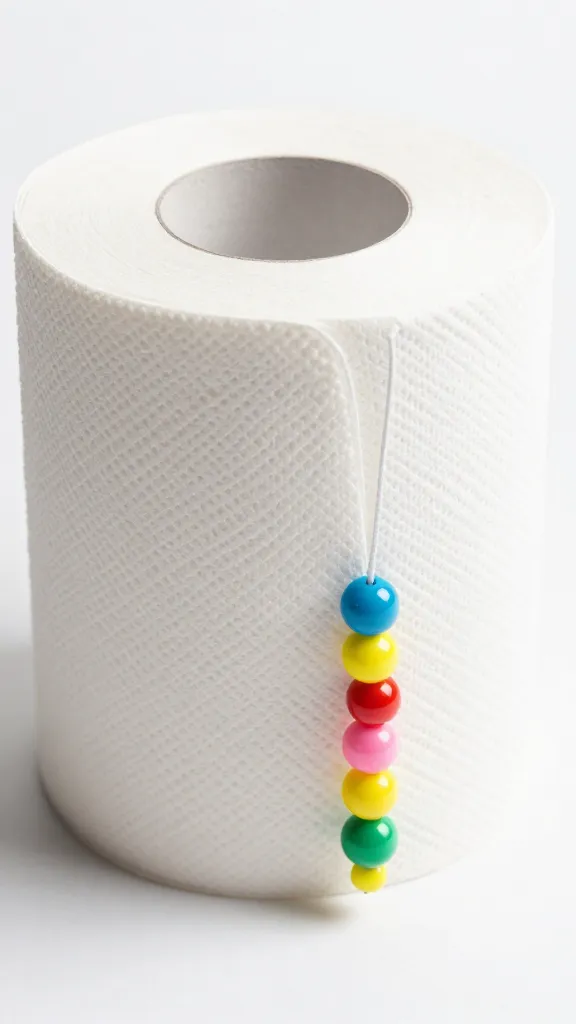 Closeup of a single toilet paper tube with bright craft beads