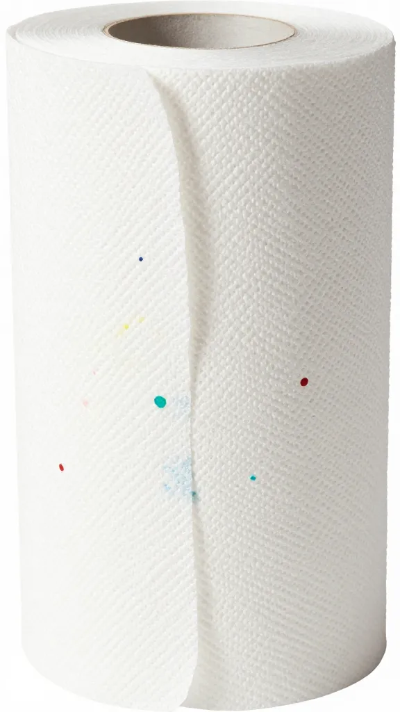 Closeup of one paper towel roll cut into spirals with paint splashes