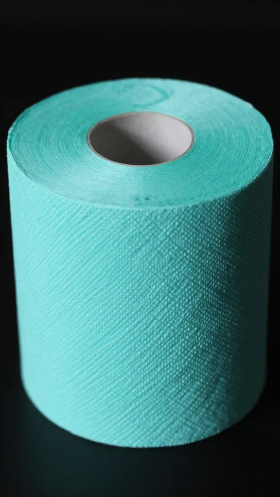 Close-up of a single toilet paper roll being painted glossy teal