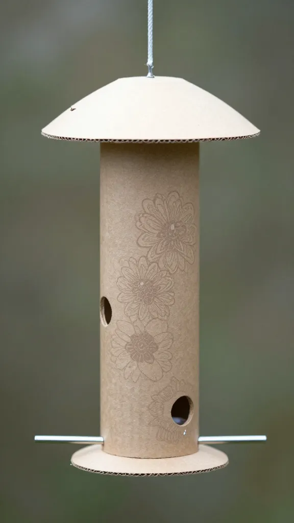 Close-up of a single crafted cardboard roll bird feeder haloed in soft light