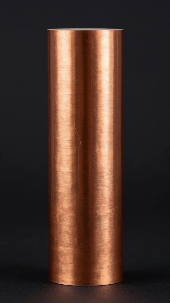 Close-up of a single rolled paper tube sculpture with metallic copper paint on dark背景