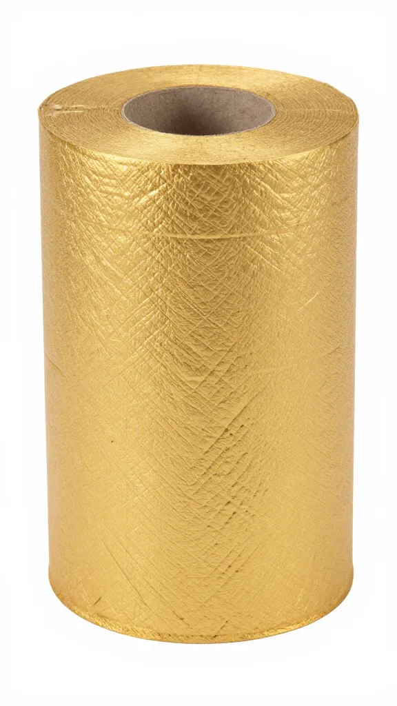 closeup of a single cardboard toilet paper roll painted gold