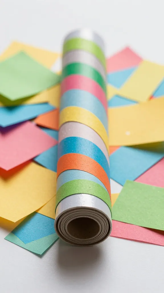 closeup of a single rolled tube with colorful paper scraps arranged around it