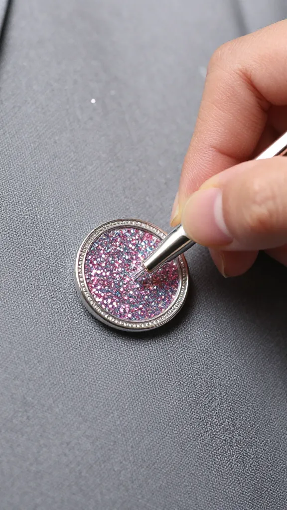 closeup of a hand applying glitter to a fabric pin badge