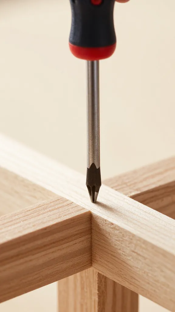 closeup of a single screwdriver carving a wooden joint