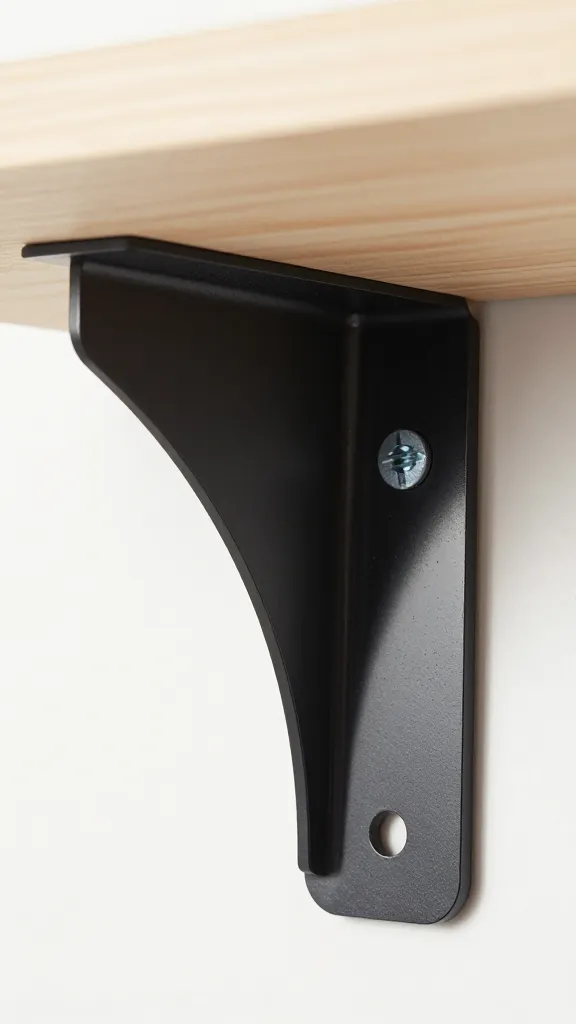 closeup of a fresh, glossy DIY shelf mounting bracket with a single screw