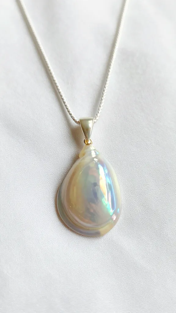 Closeup of a single iridescent seashell necklace pendant on soft white fabric