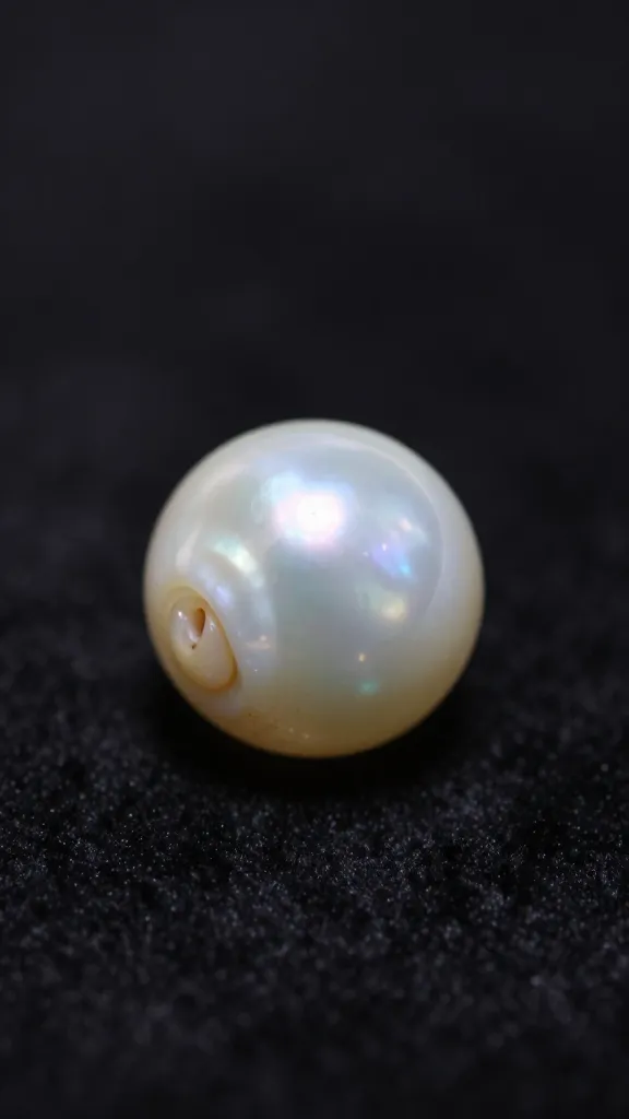 Macro shot of a lone mother-of-pearl shell bead on dark velvet