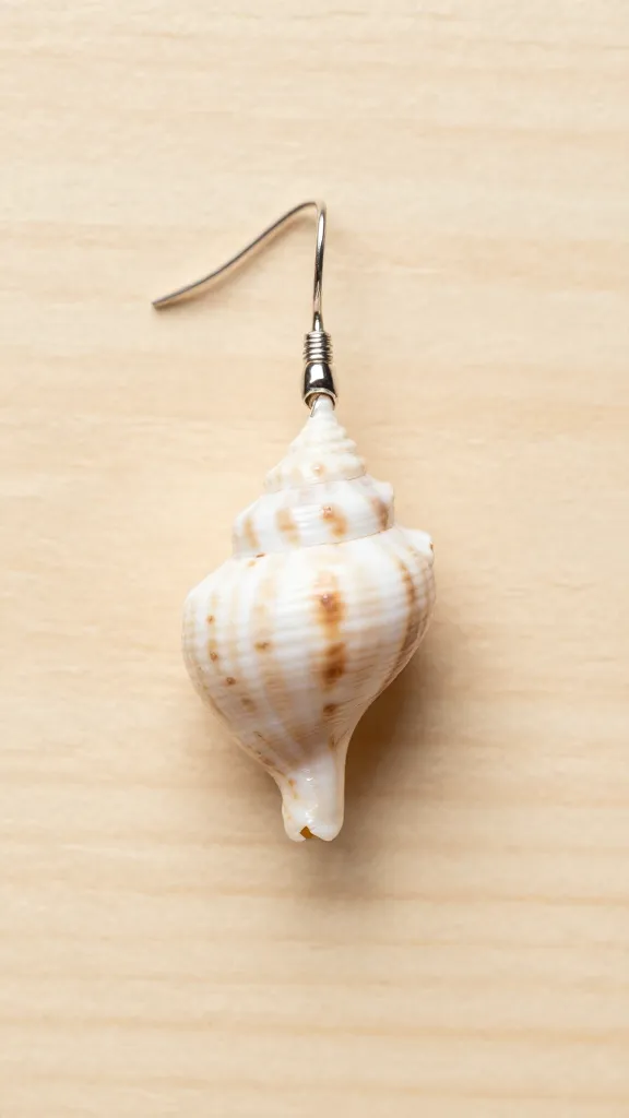 Close portrait of a single spiral seashell earring on pale wooden background