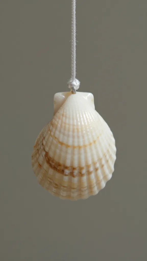closeup of a single seashell wind chime bead