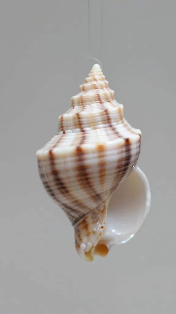 closeup of one spiraled seashell pendant in wind