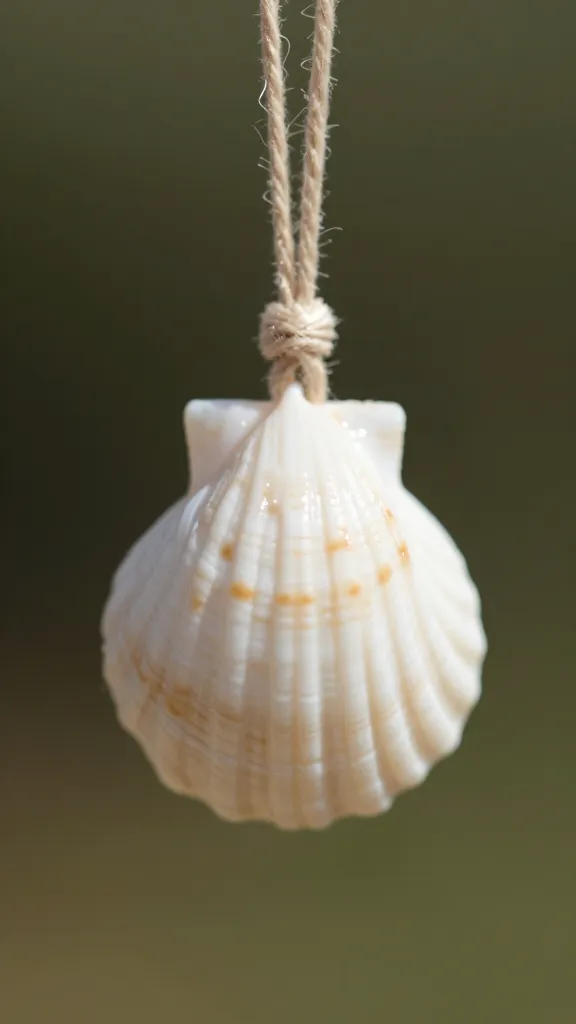 macro shot of a single stringed seashell charm on twine